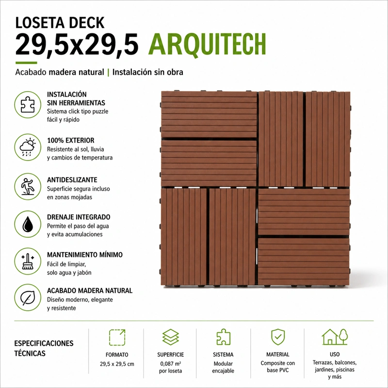 Tarima exterior Tecnológica Losetas Chocolate con Leche Pequeñas 29,5x29,5 ArquiTech